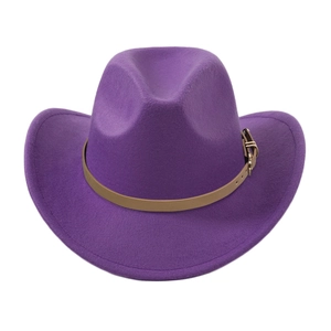 Detail of dark purple wool fedora hat featuring a brown leather strap and metal buckle