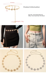Detail of vintage geometric metal waist chain belt with embossed circular plates in gold and silver