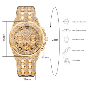 Detailed specs of luxury gold hip-hop watch with full rhinestones and 40mm dial