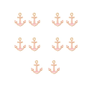 Set of 10 pink enamel anchor-shaped charms with metal base for DIY jewelry making