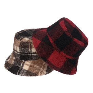 Winter plaid lambswool bucket hat set in red-black and beige checks for men and women