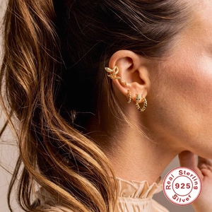 S925 sterling silver golden snake ear cuff and twisted hoop earrings set for women