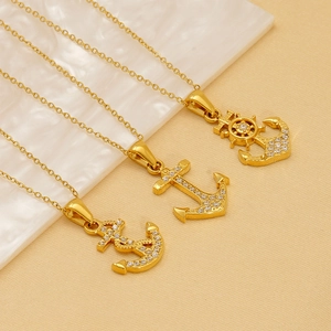 Nautical Anchor Pendant Necklace 18K Gold Plated Stainless Steel Zircon Helm Cross Jewelry For Women Chic Unique Design