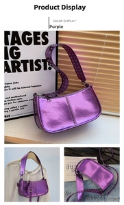 Detailed views of purple metallic Y2K shoulder bag with silver punk rivets and wide strap