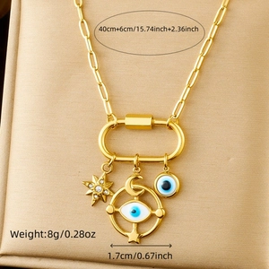 Detail of gold necklace with evil eye pendants, 40cm length and 8g lightweight design