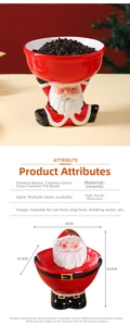 Detail view of elevated Christmas Santa ceramic pet bowl with precise dimensions shown