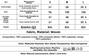 Tableau des tailles pour veste en simili cuir avec mesures de longueur, poitrine et manches