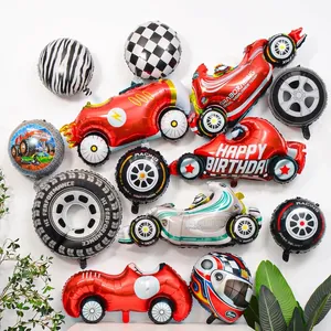 Racing party balloon set featuring red cars, helmets, tires and checkered foil balloons