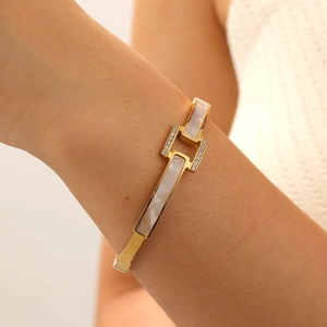 Stainless Steel Bangle Bracelet 18K Gold Plated White Shell Zirconia Inlaid Geometric Elegant Jewelry For Women
