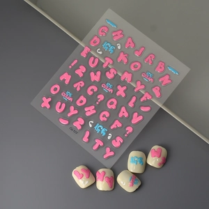 3D embossed letter nail stickers set with blue and pink alphabet and ice cream designs