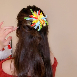 Luminous fiber optic firework hair clip shown on back of head with colorful LED lights