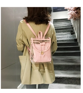 Rear view of a stylish pink transparent PVC jelly backpack with matching inner pouch