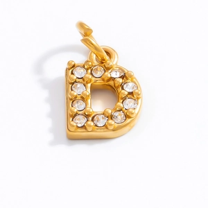 Detailed view of a gold-plated letter D pendant featuring sparkling clear zircon stones