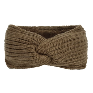 Detail of a brown chunky knit headband with a stylish crossover twist design