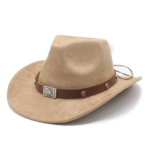 Classic light camel suede cowboy hat with vintage brown belt and metal buckle on white background