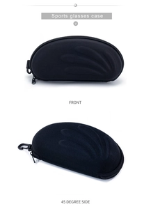 Front and side view of a black EVA sports glasses case with zipper and hook