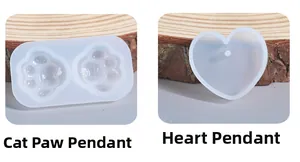 Silicone molds for DIY jewelry featuring cat paw and heart shapes in translucent material