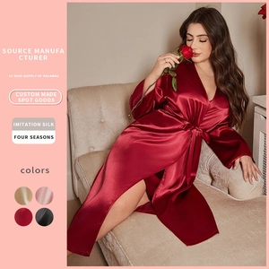 Women Plus Size Satin Robe Imitation Satin V-Neck Long Sleeve Belted Sleepwear Loungewear Elegant Sexy Bathrobe