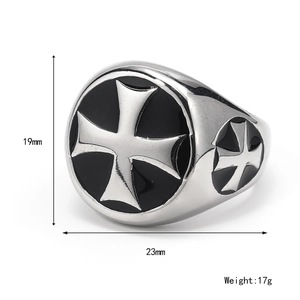 Punk hip-hop stainless steel ring with black and white Maltese cross, size 19mm x 23mm