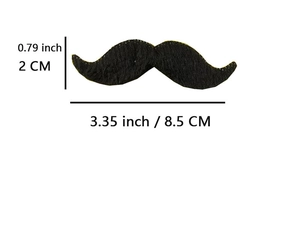 Detailed view of black synthetic mustache with size dimensions 8.5cm x 2cm for costumes