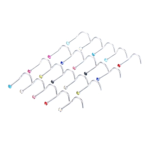 Set of 18 stainless steel L-shaped nose studs with multi-colored round faceted crystals