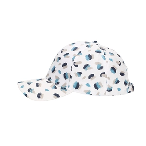 Unisex baseball cap with abstract blue and beige print on white fabric for outdoor use