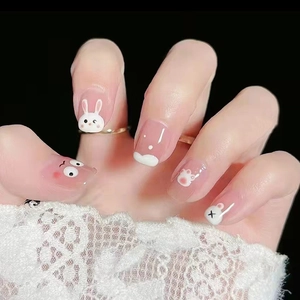 Cartoon Rabbit Press-on Nails Short Plastic Detachable Fake Nail Tips Sweet Style Pink White Printed Glue Type For Student