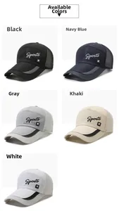 Detail view of mesh baseball caps in black, navy, grey, khaki and white colors