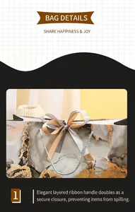 Detail of marble pattern gift bag with champagne ribbon bow and silver woven handle