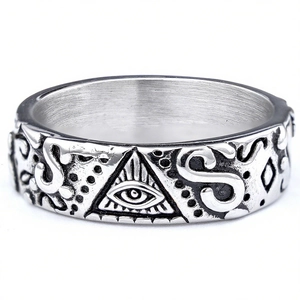 Vintage stainless steel Eye of Providence ring with silver finish and engraved details