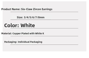Detailed size specifications for 3mm to 8mm cubic zirconia stud earrings in white
