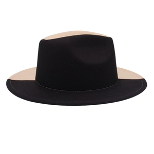 Detail of two-tone wool felt jazz hat in black and beige with a minimalist split design