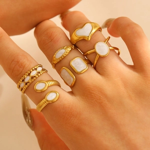 Ins style 18K gold plated stainless steel geometric rings set with white enamel inlay