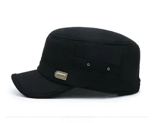 Side view detail of thick winter military cap with metal eyelets and branded metal tag