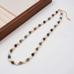 Dopamine Colorful Stone Freshwater Pearl Necklace Handmade Stainless Steel Beaded Choker For Women Adjustable Jewelry Gift
