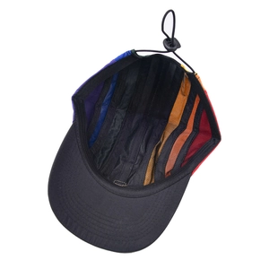 Rainbow patchwork 5-panel camp cap with adjustable elastic drawstring and black brim