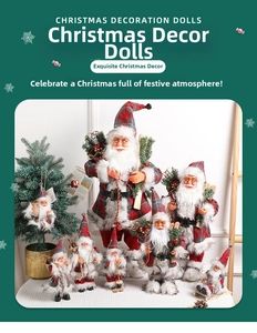 Standing Santa Claus figurines in red plaid outfits with pine branches for Christmas decor