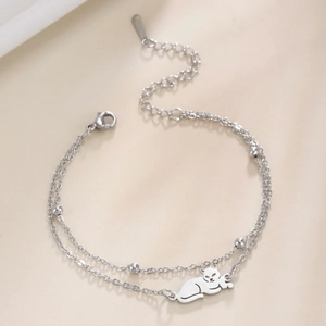 Polished silver stainless steel double-layer bracelet with cute cat pendant and beads