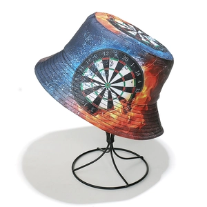 Unisex bucket hat with creative fire and ice dartboard print on a black display stand