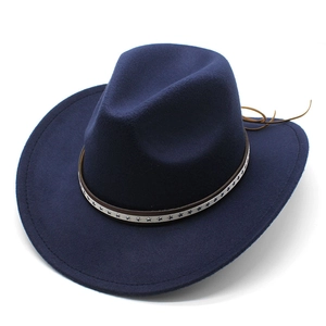 Detail of dark blue felt fedora hat featuring star-patterned band and leather cord tie