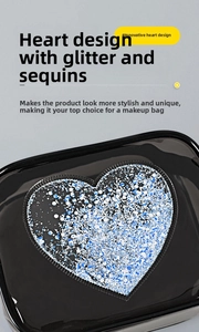 Detail of black PVC cosmetic bag with sparkling heart-shaped sequin and glitter design
