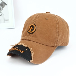 Brown washed cotton baseball cap with embroidered letter D and distressed brim