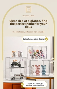 Close-up of clear acrylic display case featuring removable steps and multi-grid storage