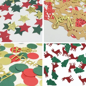 Christmas table confetti set with gold glitter stars, reindeer, and festive party supplies
