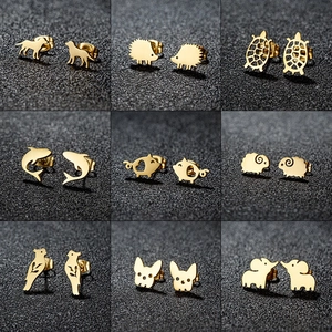 Cute Animal Stud Earrings Stainless Steel Elephant Dog Dolphin Pig Hedgehog Sheep Bird Fashion Jewelry For Women
