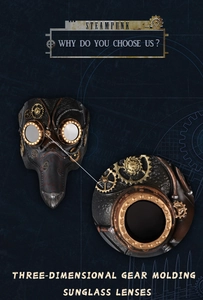 Dettaglio maschera medico della peste steampunk con ingranaggi 3D e lenti da sole