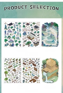 Detail view of DIY PET stickers with Mountain Stone House and Pine Hut themes for journals