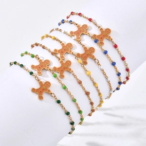 Christmas Gingerbread Man Bracelet Stainless Steel Enamel Colored Beads Adjustable Festive Holiday Jewelry Women