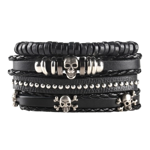 Men's multilayer punk braided leather bracelet set with silver skull and bead accents