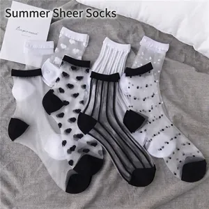Women Transparent Mesh Crew Socks Ultra Thin Glass Satin Breathable Heart Polka Dot Stripe Pattern Fashion Summer Socks